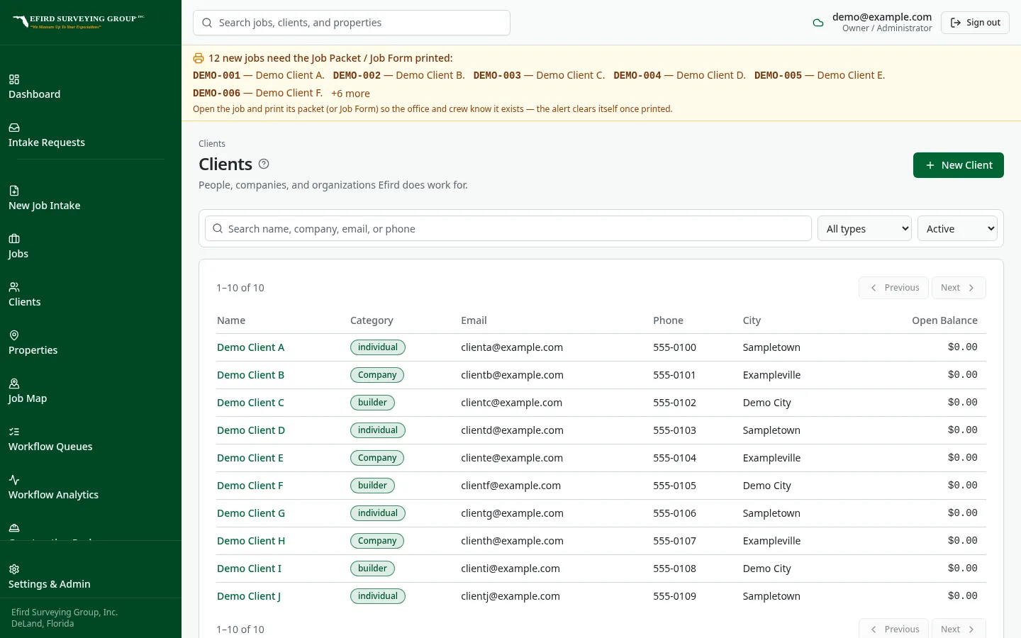 Efird Surveying Group custom software: Client records kept in one place instead of spreadsheet tabs