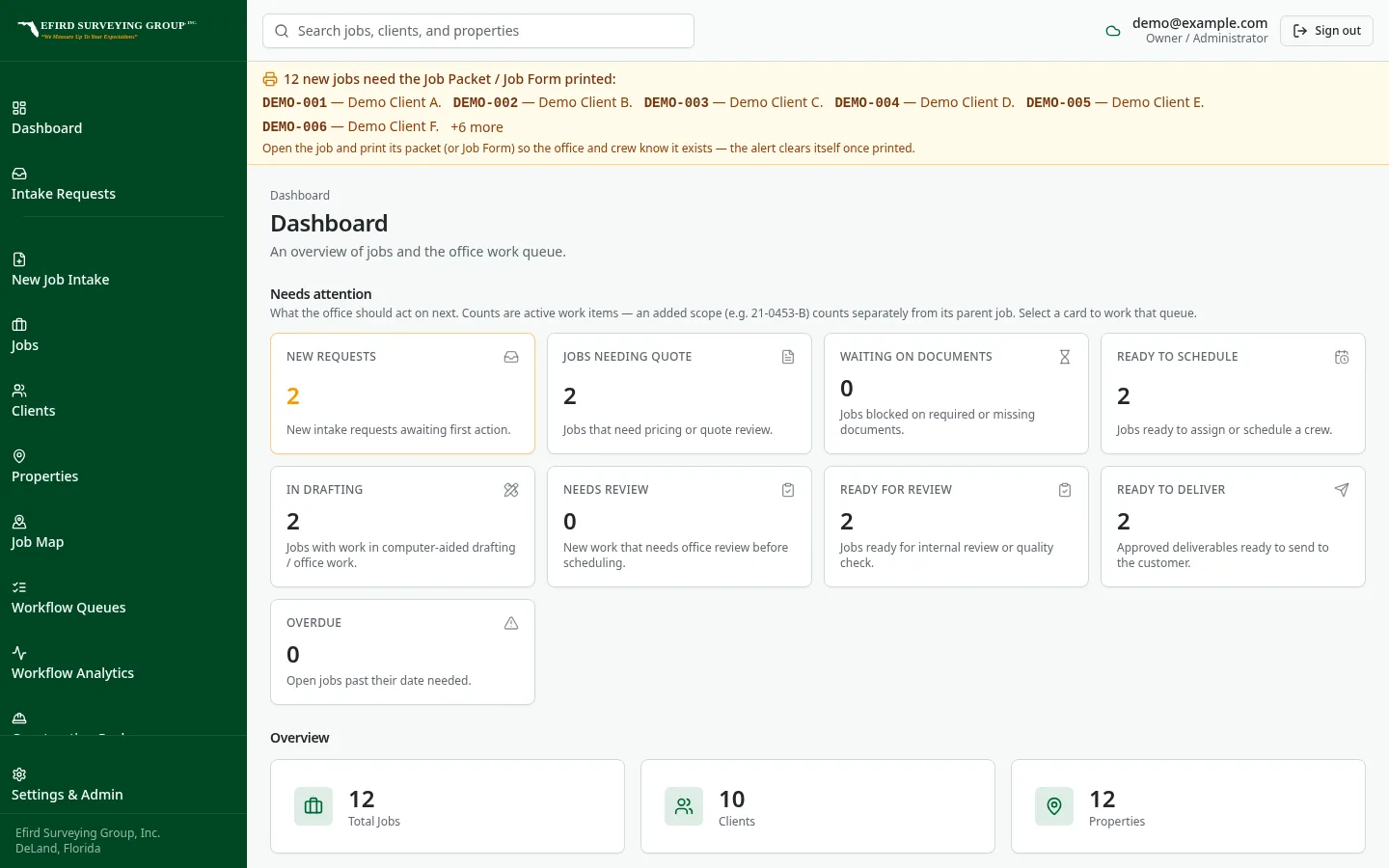 Efird Surveying Group custom software: Dashboard pulling recovered job records into work queues