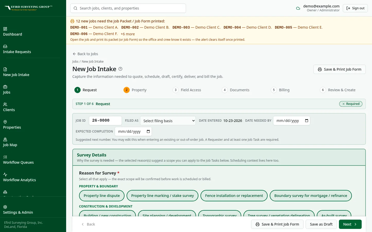 Efird Surveying Group custom software: Intake form that captures a new job record from the start