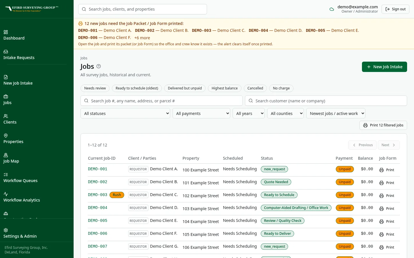 Efird Surveying Group custom software: Searchable job register replacing the old workbook rows